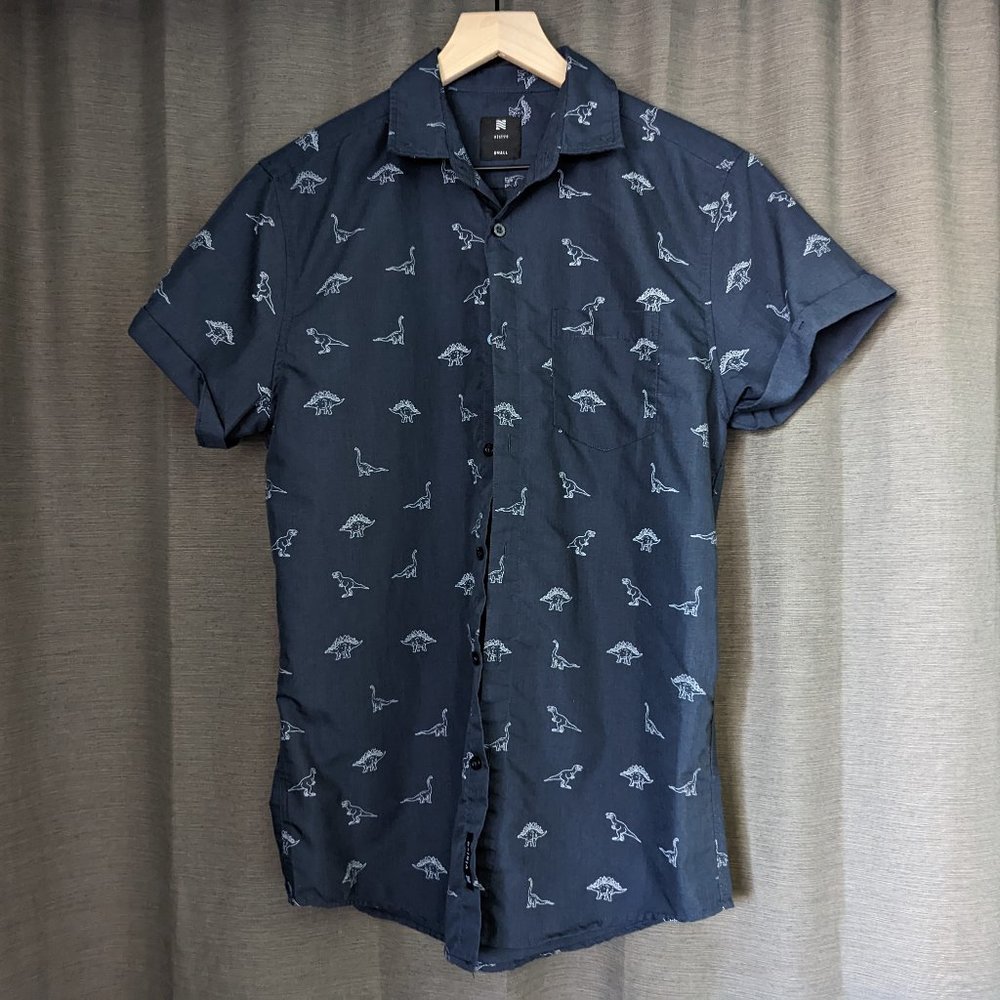 Men's Visive Size S Navy Blue Dinosaur Print Button-Down Short-Sleeve Shirt